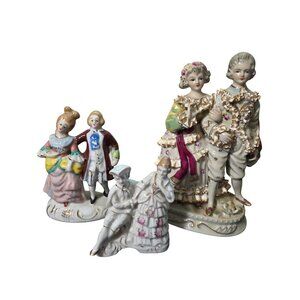 Vintage Porcelain 3 Figurine Set Featuring Couples In Victorian Attire Intricate